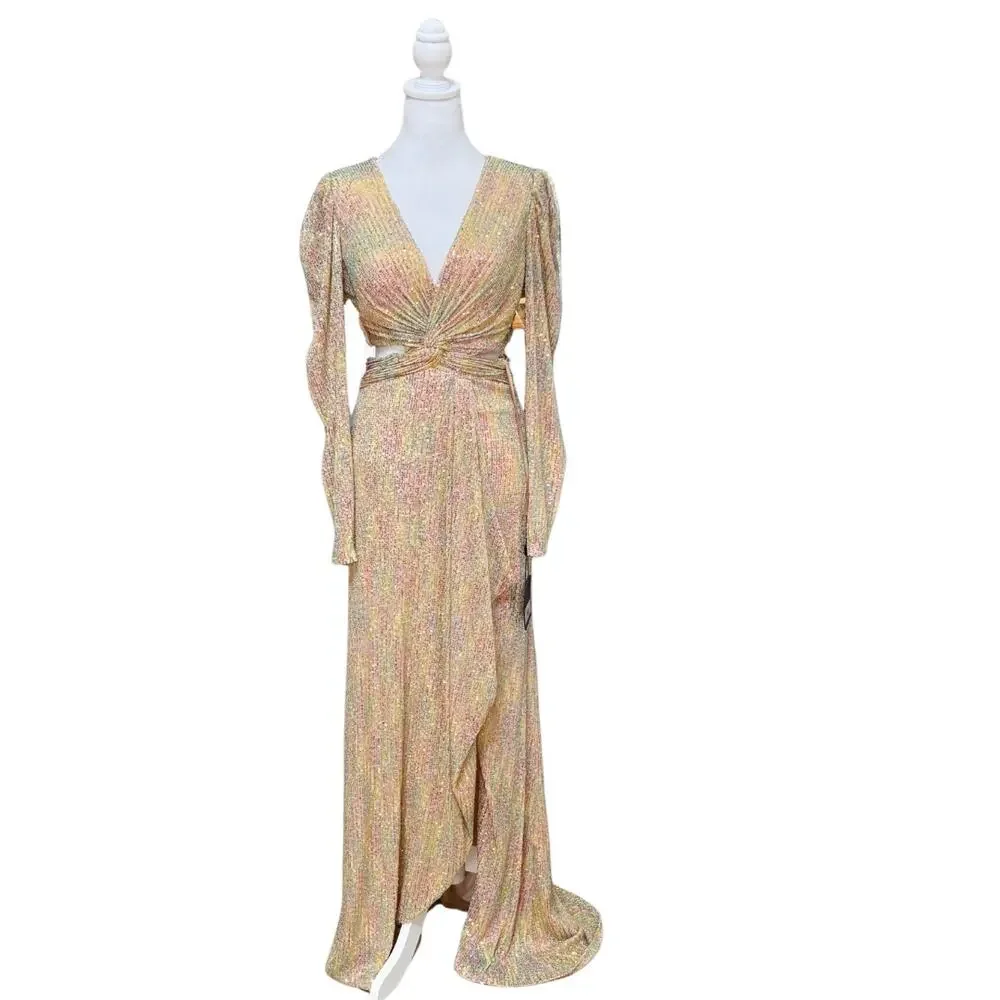 Mac Duggal Metallic Puff Sleeve Front Twist Gown 4 Gold Muti NWT Style 27050 - Picture 4 of 10